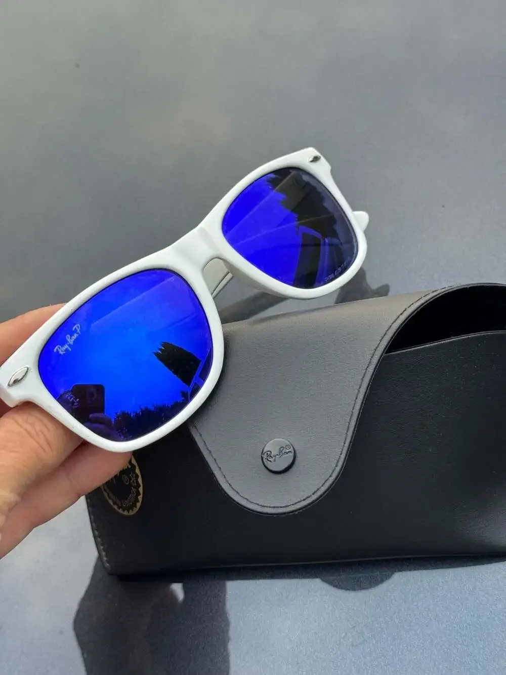 Ray-Ban Polarized Wayfarer Sunglasses in White Frame with Blue Mirror Lenses